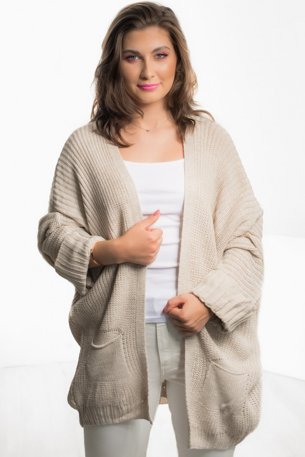 Kardigan sweter damski w kolorze beżowym z kieszeniami oversize luźna narzutka Misha 1