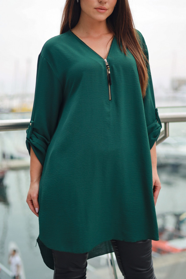 Koszula tunika butelkowa zieleń sukienka dłuższy tył dekolt zamek ZIP PERFECT