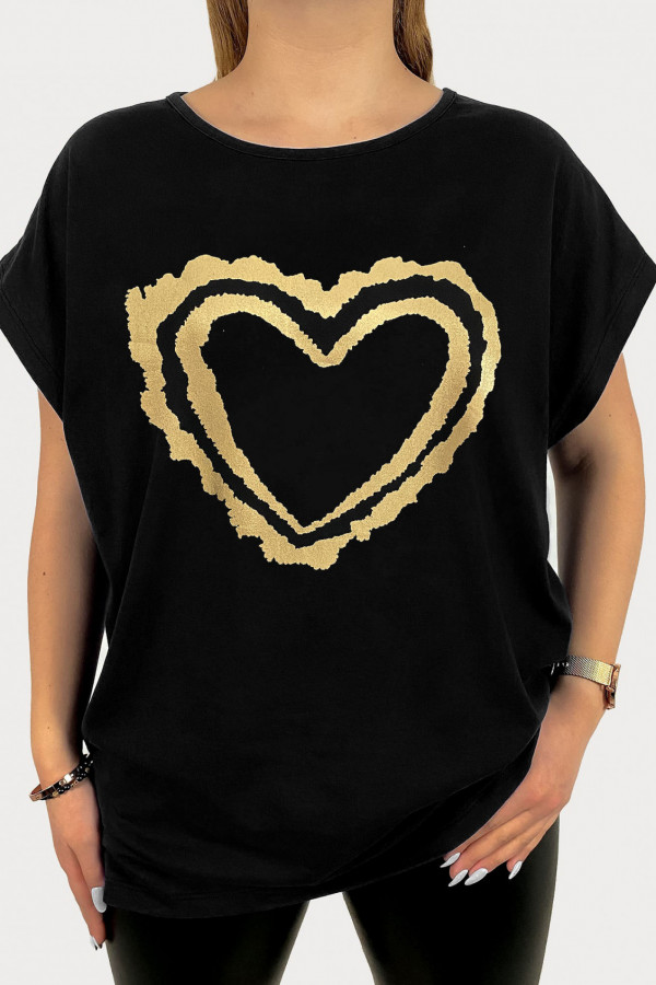 T-shirt damski plus size w kolorze czarnym print podwójne złote serce