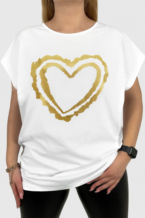 T-shirt damski plus size w kolorze białym print podwójne złote serce