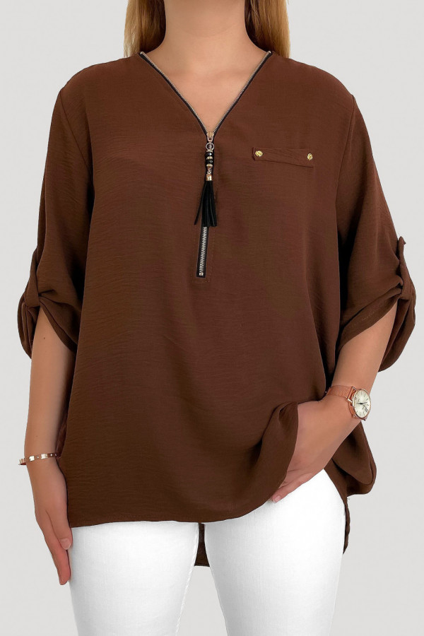 Elegancka bluzka koszula w kolorze brązowym dekolt zamek ZIP secret