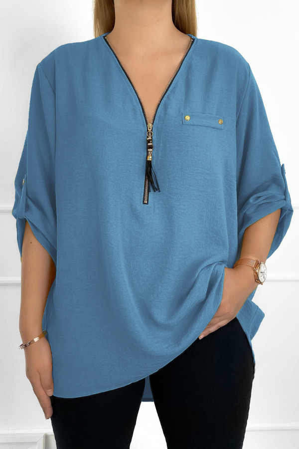 Elegancka bluzka koszula w kolorze denim blue dekolt zamek ZIP secret