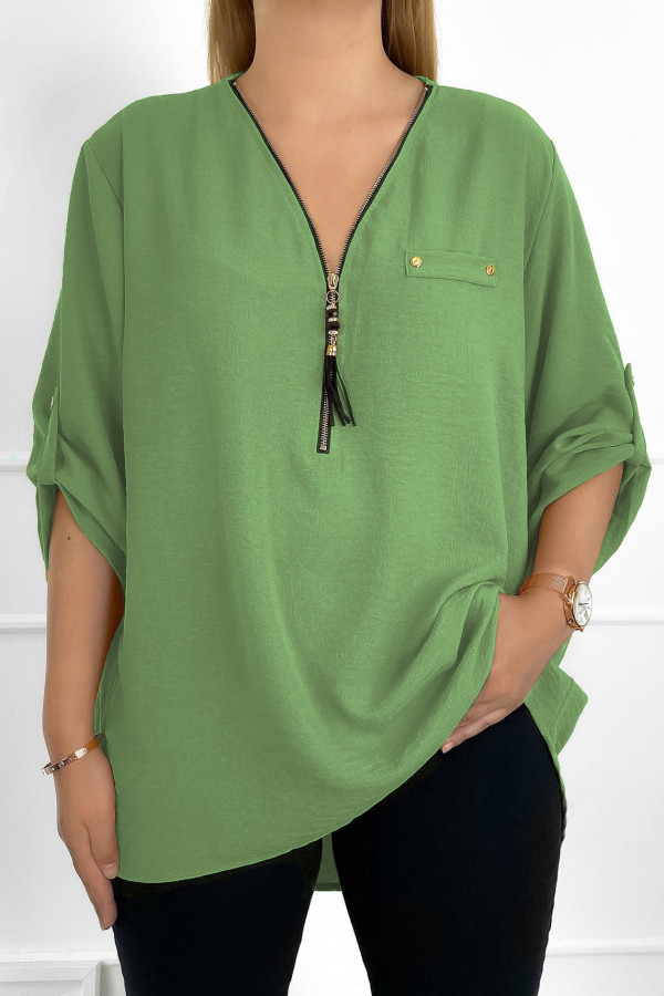 Elegancka bluzka koszula w kolorze oliwkowym dekolt zamek ZIP secret