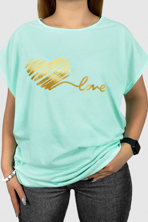 T-shirt damski plus size w kolorze miętowym print serduszko heart love