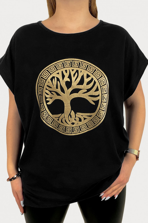 T-shirt damski plus size w kolorze czarnym złoty print drzewko