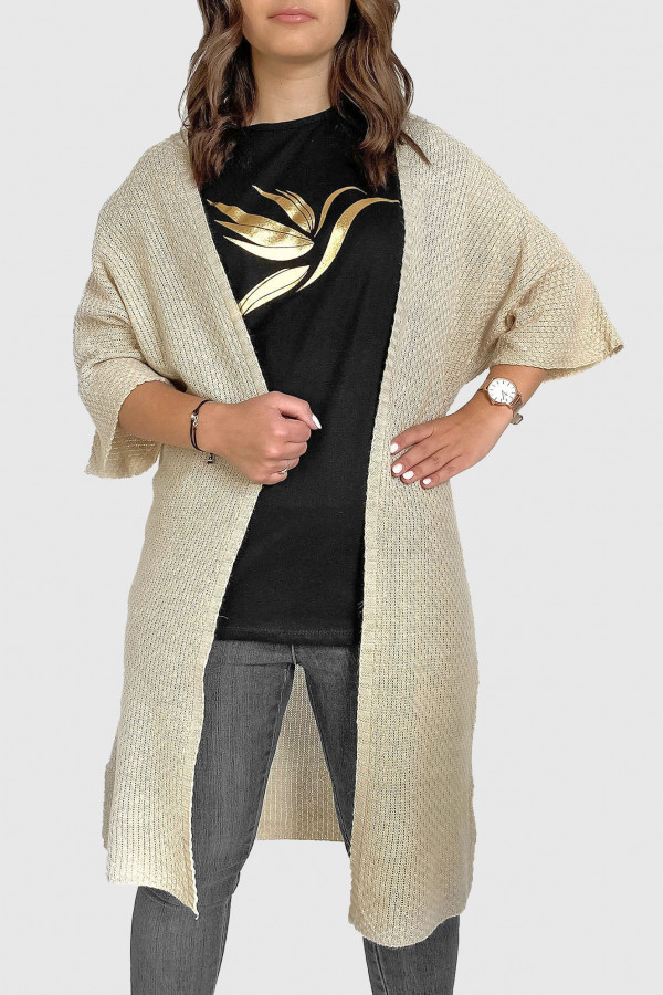 Długi sweter damski duża narzutka w kolorze beżowym rękaw 3/4 Tola 1