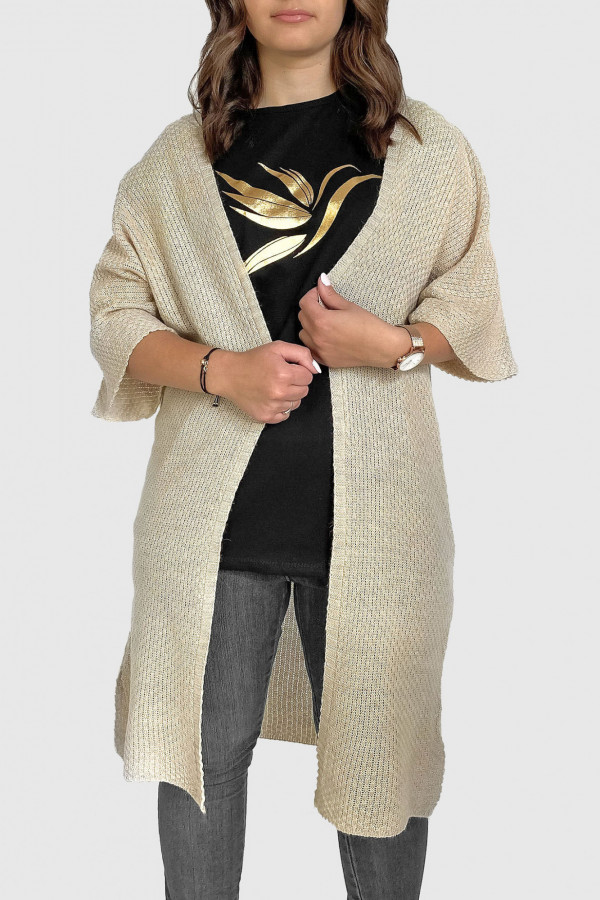 Długi sweter damski duża narzutka w kolorze beżowym rękaw 3/4 Tola 2