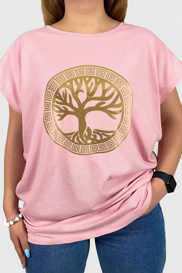 T-shirt damski plus size w kolorze różowym złoty print drzewko