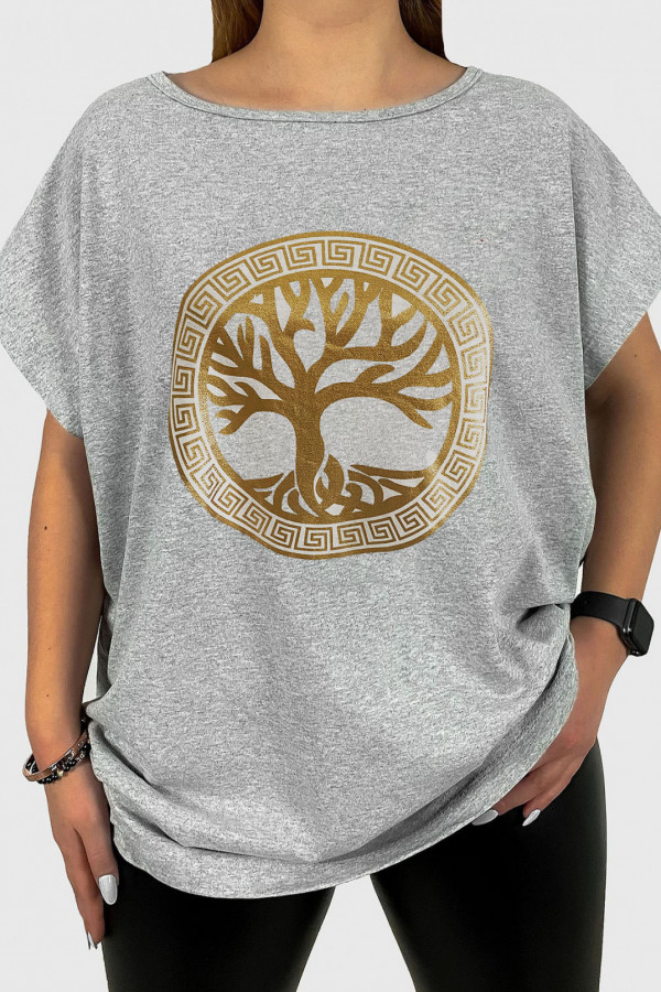 T-shirt damski plus size w kolorze szarym złoty print drzewko