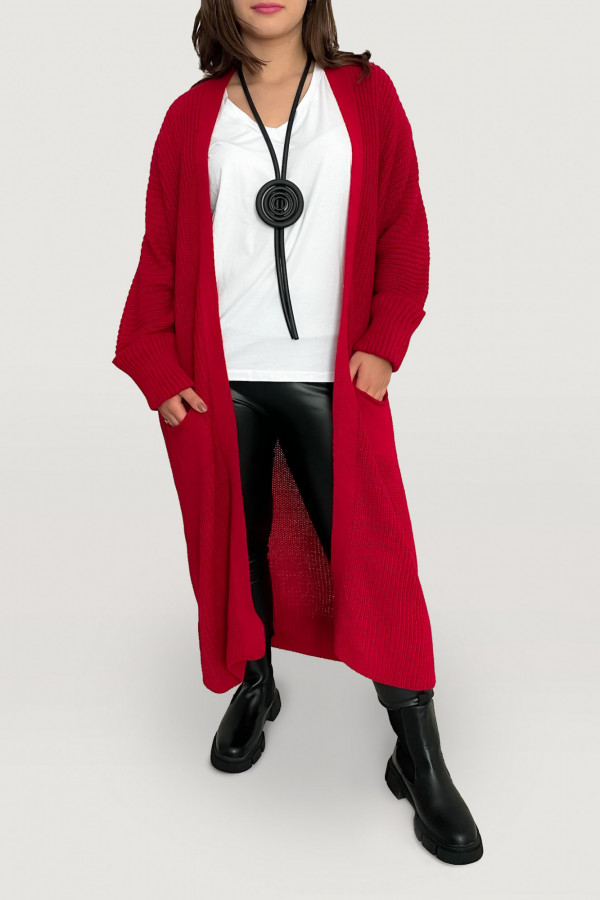 Kardigan długi sweter damski w kolorze czerwonym z kieszeniami luźna narzutka Yama 1