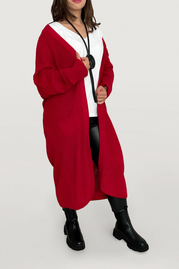 Kardigan długi sweter damski w kolorze czerwonym z kieszeniami luźna narzutka Yama 2