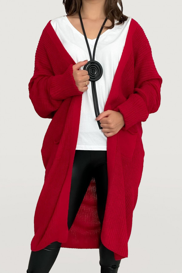 Kardigan długi sweter damski w kolorze czerwonym z kieszeniami luźna narzutka Yama 3