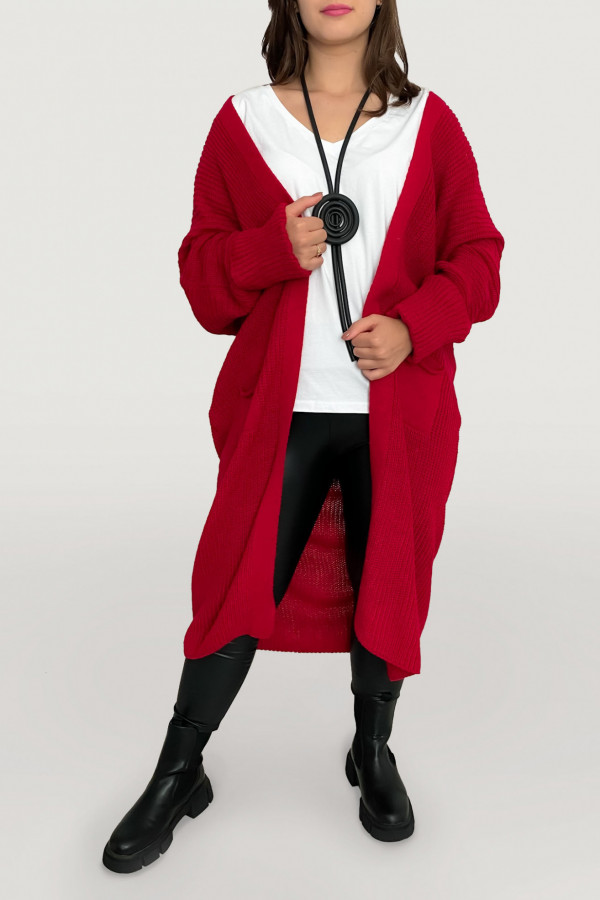 Kardigan długi sweter damski w kolorze czerwonym z kieszeniami luźna narzutka Yama 4