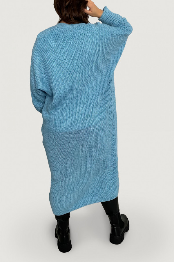 Kardigan długi sweter damski w kolorze błękitnym z kieszeniami luźna narzutka Yama 4