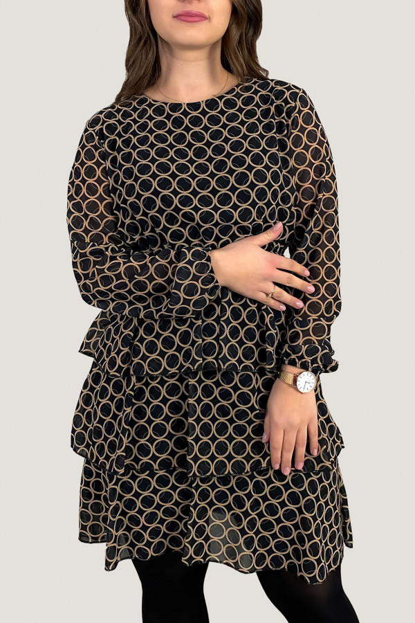Sukienka z falbanami w kolorze czarnym szyfonowe rękawy wzór koła Mahika