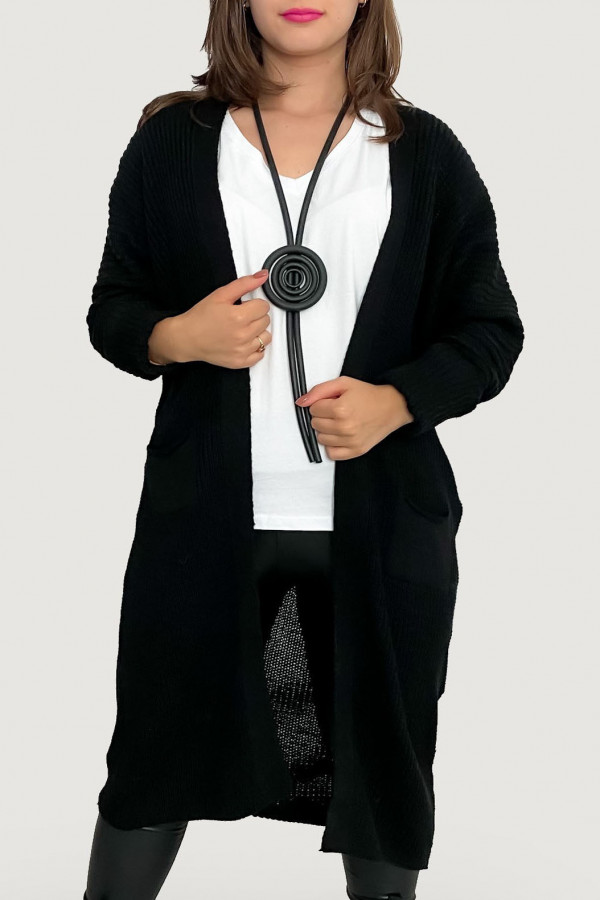 Kardigan długi sweter damski w kolorze czarnym z kieszeniami luźna narzutka Yama 4