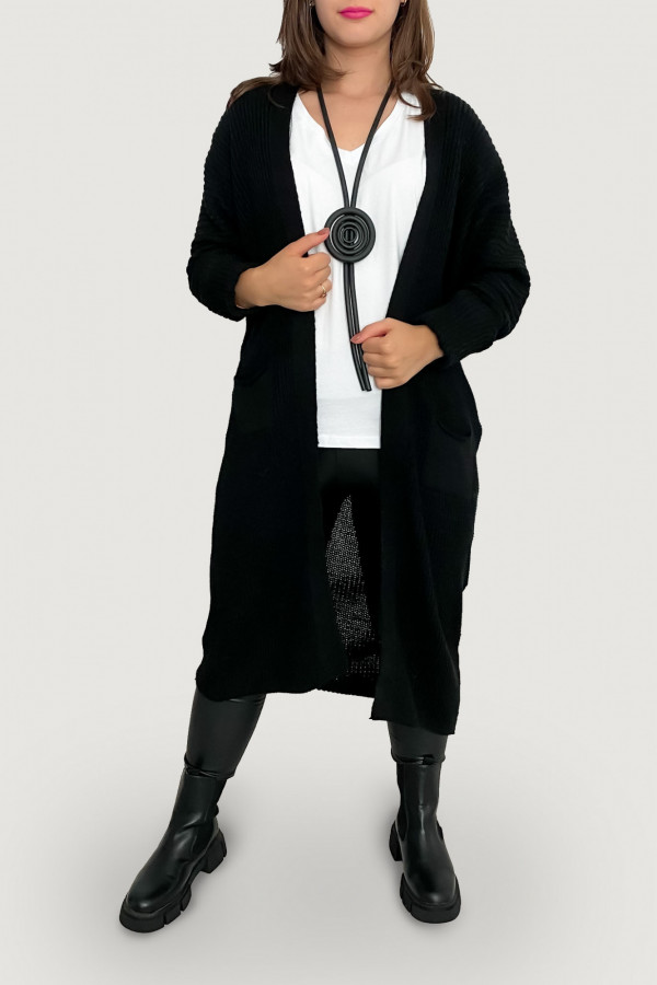 Kardigan długi sweter damski w kolorze czarnym z kieszeniami luźna narzutka Yama 2