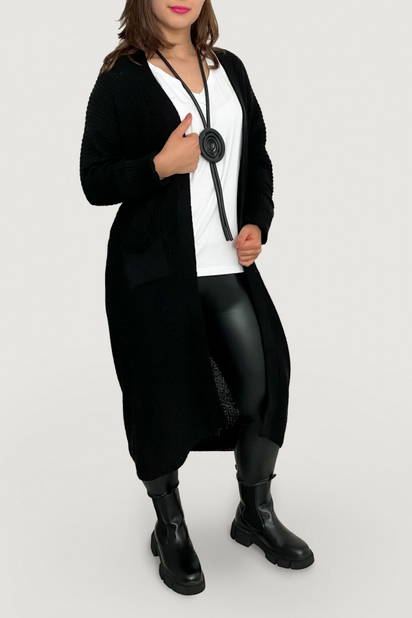 Kardigan długi sweter damski w kolorze czarnym z kieszeniami luźna narzutka Yama 3