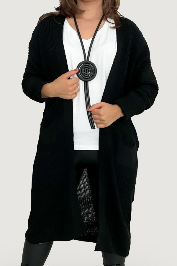 Kardigan długi sweter damski w kolorze czarnym z kieszeniami luźna narzutka Yama