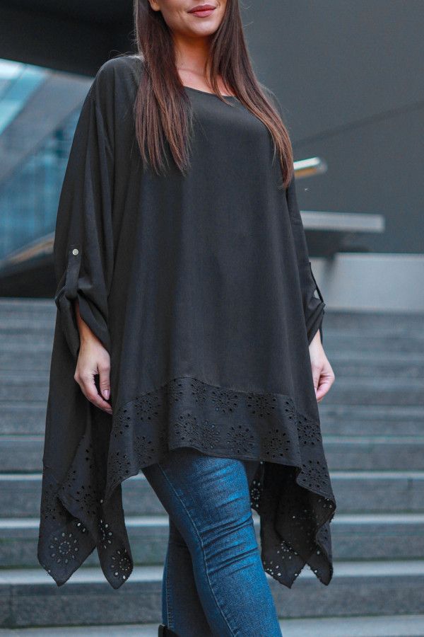 Elegancka tunika w kolorze czarnym asymetryczna koszula plus size z haftem Rivien