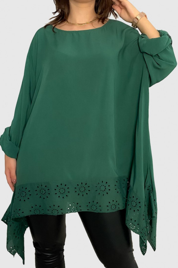 Elegancka tunika w kolorze zielonym asymetryczna koszula plus size z haftem Rivien