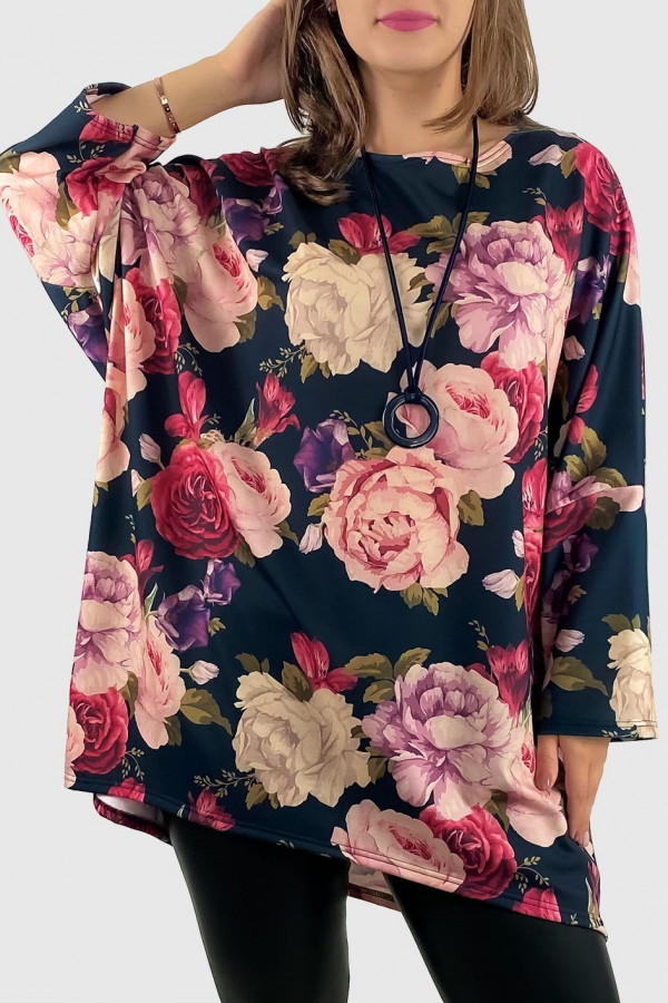 Welurowa tunika bluzka plus size oversize dłuższy tył print wzór duże kwiaty Lindy