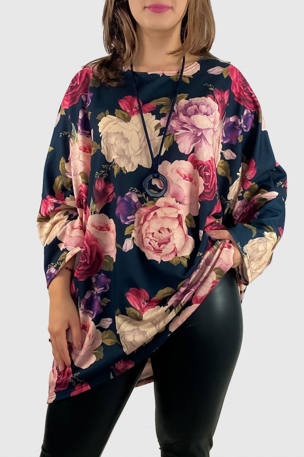 Welurowa tunika bluzka plus size oversize dłuższy tył print wzór duże kwiaty Lindy 2