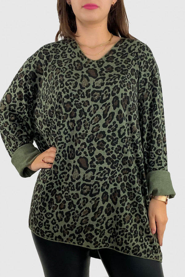 Dzianinowa bluzka oversize sweterek w panterkę w kolorze khaki Ally 1