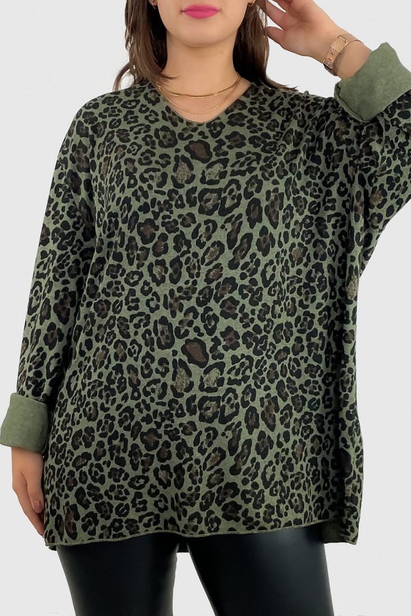 Dzianinowa bluzka oversize sweterek w panterkę w kolorze khaki Ally 3