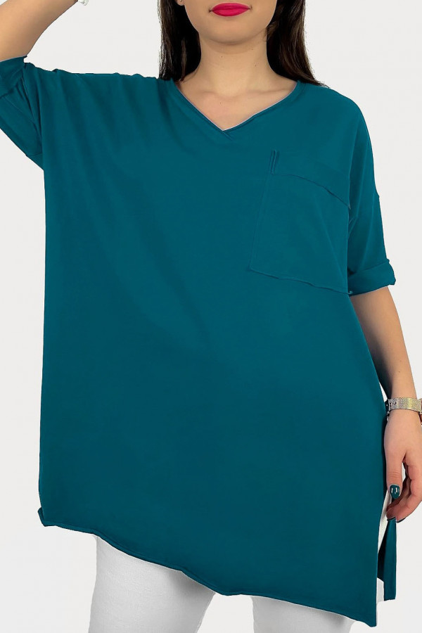 Tunika damska w kolorze morskim bluzka oversize v-neck kieszeń Polina