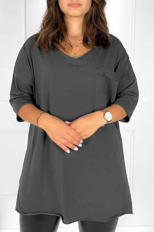 Tunika damska w kolorze grafitowym bluzka oversize v-neck kieszeń Polina 3