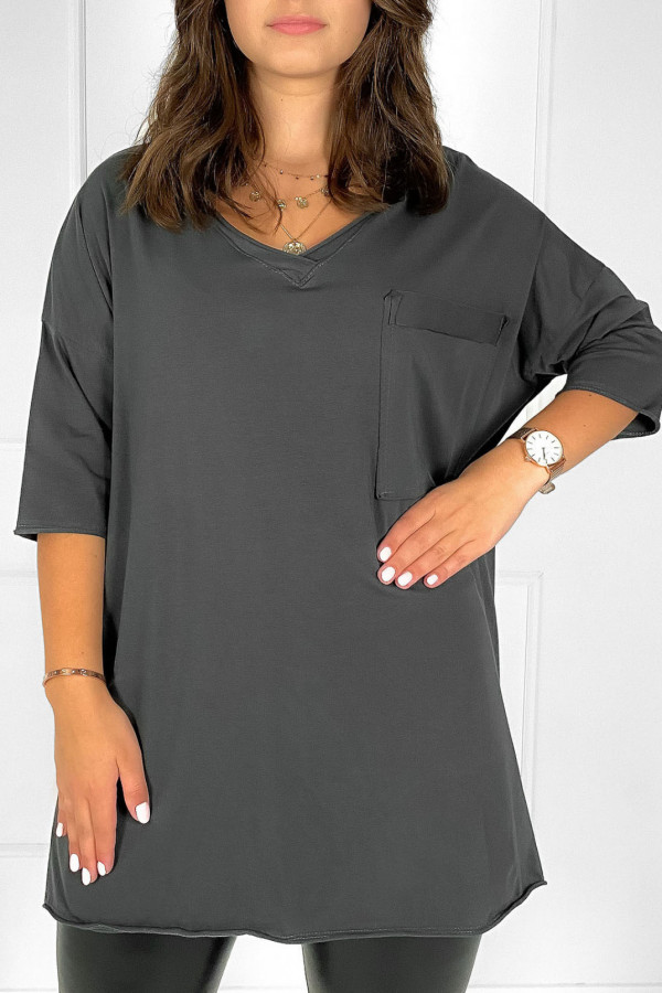 Tunika damska w kolorze grafitowym bluzka oversize v-neck kieszeń Polina 4