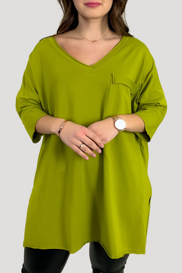 Tunika damska w kolorze limonkowym bluzka oversize v-neck kieszeń Polina 2