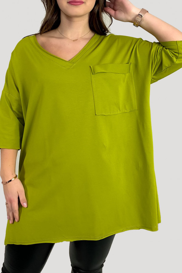 Tunika damska w kolorze limonkowym bluzka oversize v-neck kieszeń Polina 1