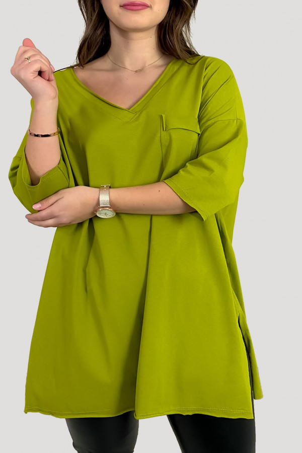 Tunika damska w kolorze limonkowym bluzka oversize v-neck kieszeń Polina 3