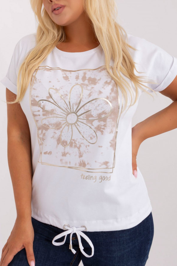 Bluzka damska plus size w kolorze białym zloty kwiat dżety wiązana Nisha