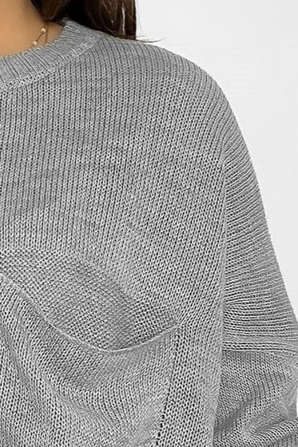 Krótki luźny sweter damski oversize w kolorze szarym okrągły dekolt nietoperz kieszeń Hattie 1