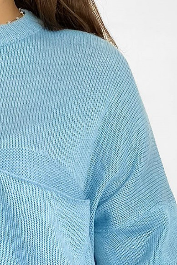 Krótki luźny sweter damski oversize w kolorze błękitnym okrągły dekolt nietoperz kieszeń Hattie 1