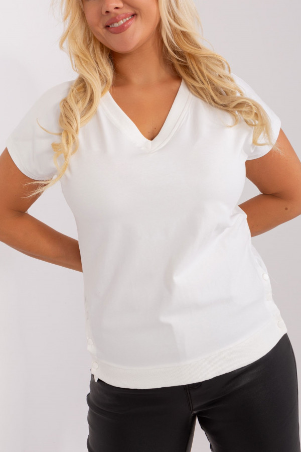 Sportowa bluzka damska plus size w kolorze białym rozcięcia guziki w serek v-neck Varali