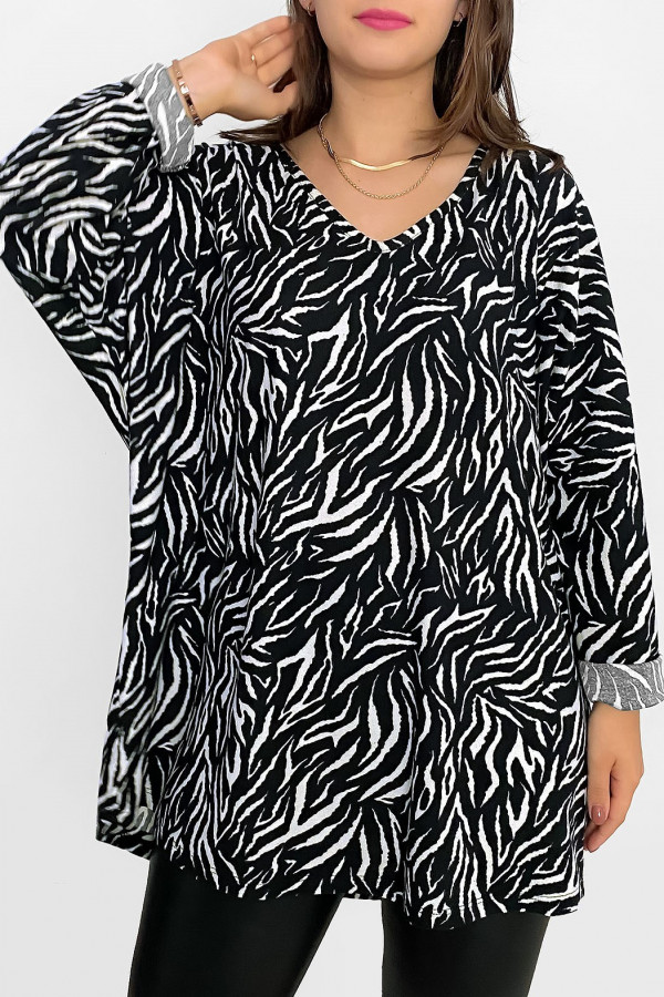 Milutka luźna bluzka tunika plus size długi rękaw dekolt w serek wzór zebra Sheya