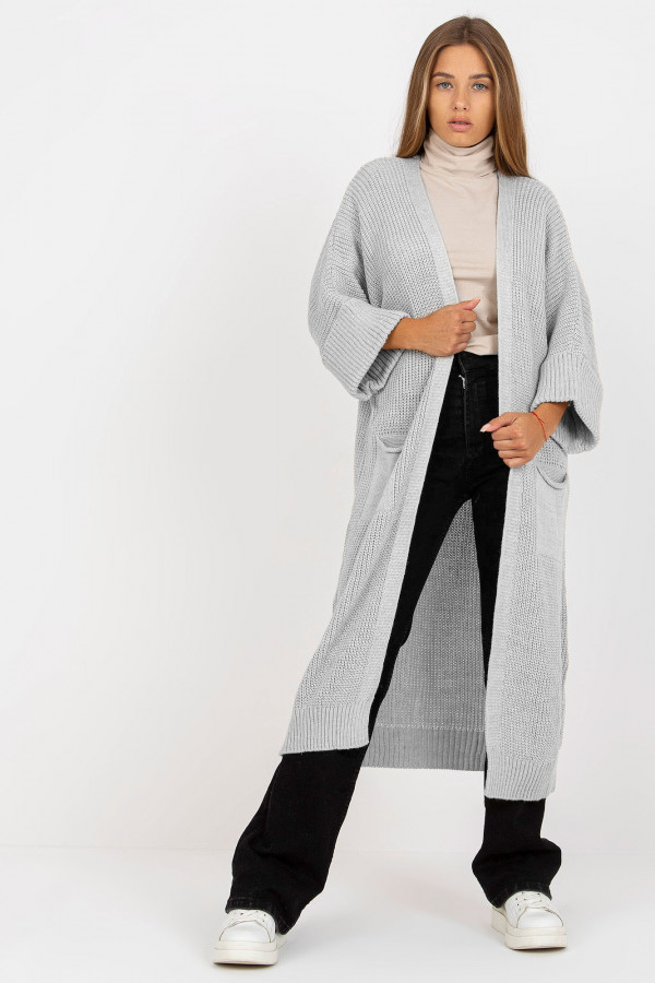 Maxi kardigan długi sweter damski w kolorze szarym z kieszeniami luźna narzutka Serim 1