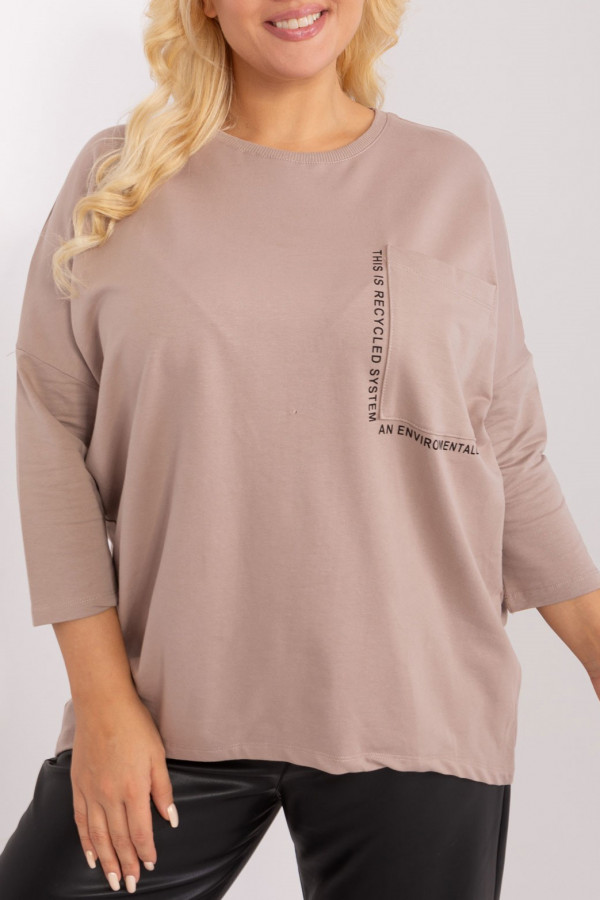 Bluza bluzka damska oversize nietoperz w kolorze beżowym duża kieszeń napisy