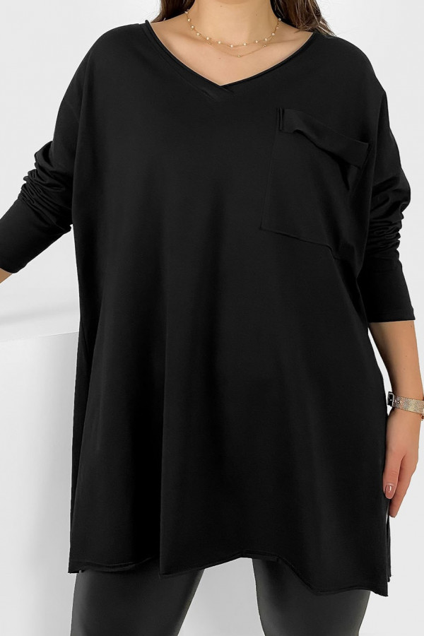 Bluzka luźna tunika damska w kolorze czarnym długi rękaw dekolt v-neck kieszeń Linaa