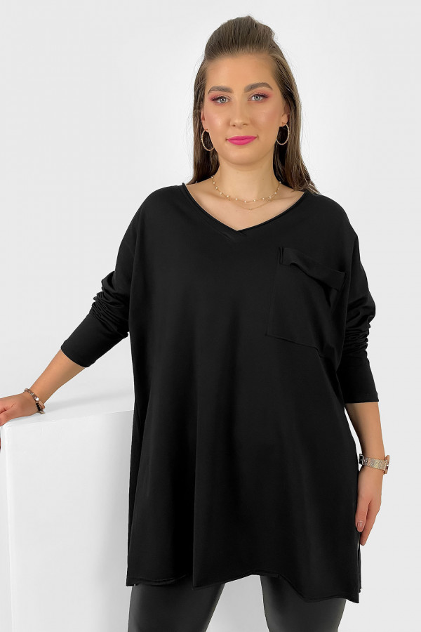 Bluzka luźna tunika damska w kolorze czarnym długi rękaw dekolt v-neck kieszeń Linaa 1