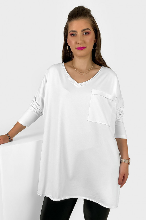 Bluzka luźna tunika damska w kolorze białym długi rękaw dekolt v-neck kieszeń Linaa 1