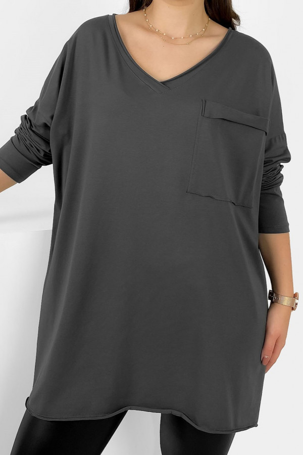 Bluzka luźna tunika damska w kolorze grafitowym długi rękaw dekolt v-neck kieszeń Linaa 2