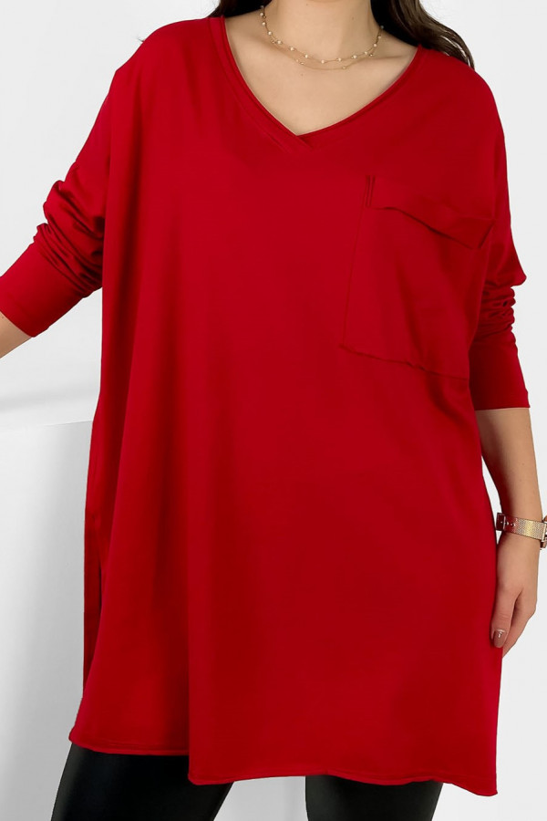Bluzka luźna tunika damska w kolorze czerwonym długi rękaw dekolt v-neck kieszeń Linaa