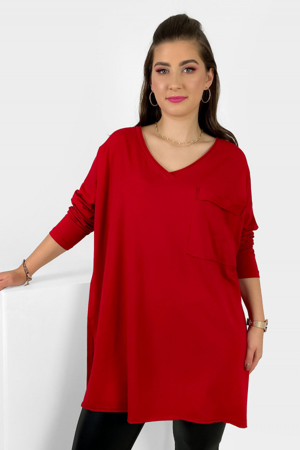 Bluzka luźna tunika damska w kolorze czerwonym długi rękaw dekolt v-neck kieszeń Linaa 1