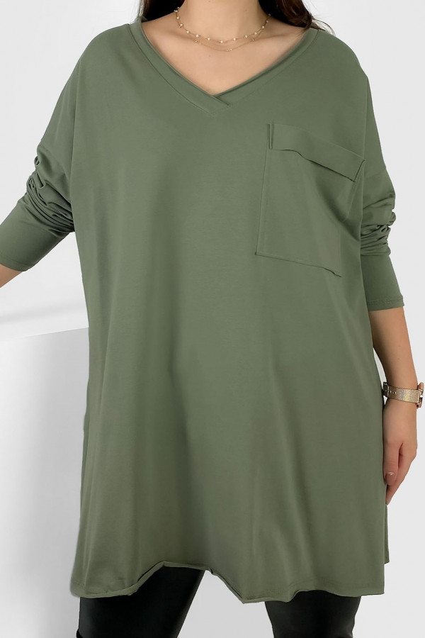 Bluzka luźna tunika damska w kolorze khaki długi rękaw dekolt v-neck kieszeń Linaa 2