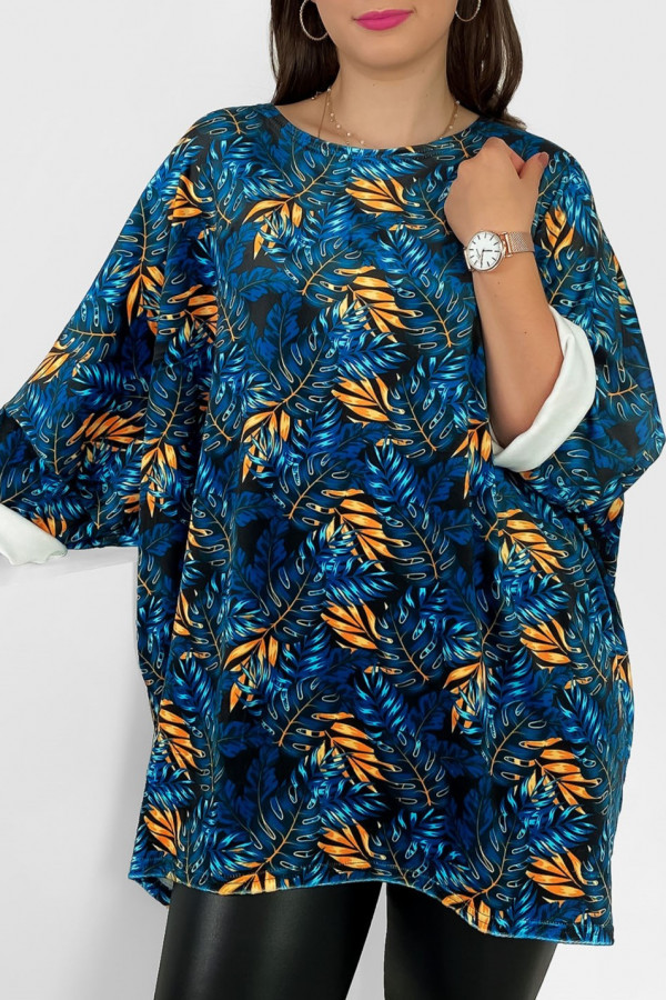 Welurowa tunika bluzka plus size oversize dłuższy tył print wzór liście paproci Lindy